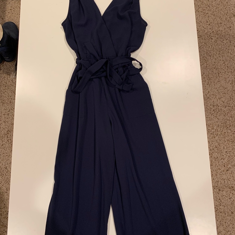 Monteau Navy Blue V-Neck Wide-Leg Jumpsuit